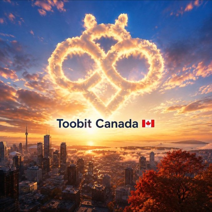 Promotional image for 'Toobit Canada' featuring a Canadian flag, displayed over a Toronto skyline at sunset with a heart-shaped cloud formation in the sky.