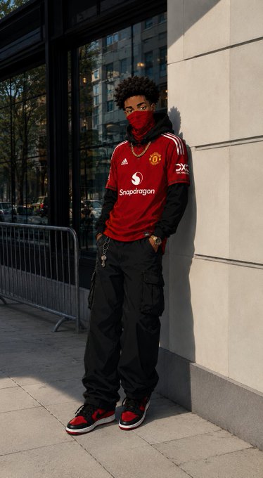 The image features a young man wearing a red soccer jersey, black pants, and red shoes standing next to a building with a white wall. The man appears to be posing for a photo while leaning against the wall. The caption of the image reads "good morning winners River isn' just about staking, satUSD, or points—it'S about being part of a broader ecosystem of builders creating real utility across Web3 Utility over hype Community over speculation Long-term growth over short-term attention." This statement seems to be related to the soccer jersey and the context of the image.