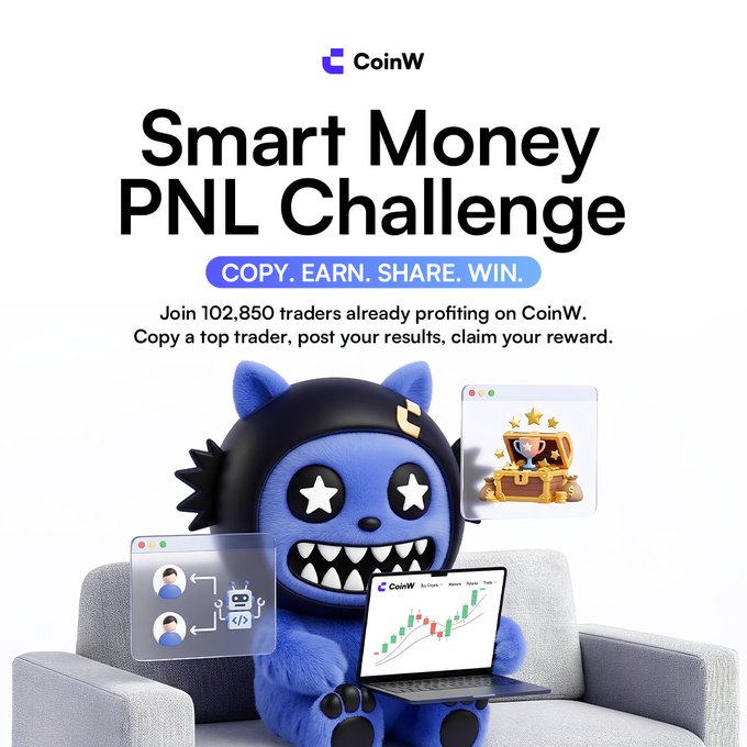 The image features a blue bear sitting down, holding a laptop computer and looking at something on the screen. It appears that the bear is playing with some charts or data displayed on the laptop's screen. The text of the image includes a description about a "smart money moves only" challenge related to PNL trading strategies. There are also mentions of copy/earning, sharing, winning, and joining the challenge. A user can be seen in the bottom left corner of the image, and it seems like they have contributed some content or shared something interesting with others participating in the challenge.