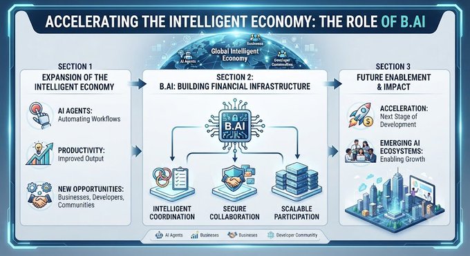 An infographic titled 'ACCELERATING THE INTELLIGENT ECONOMY: THE ROLE OF B.AI' divided into three sections detailing the expansion, financial infrastructure, and future impact of AI.