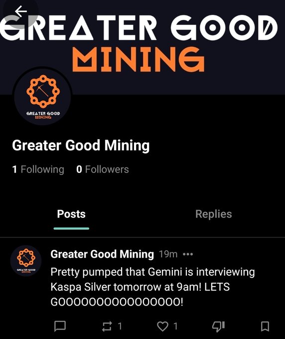 The image shows a social media profile for "Greater Good Mining" with a single post announcing that Gemini is interviewing Kaspa Silver at 9am, expressing excitement with multiple "O"s. The post relates to the $KAS and KaChat cryptocurrency promotion, supporting the Kaspa community and mining engagement.