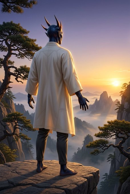 A horned humanoid figure in a long white coat stands on a rocky cliff overlooking misty mountains at sunrise. The serene dawn setting contrasts with the post's "full degen mode" energy, suggesting that even amid peaceful natural beauty, the figure remains locked in on the crypto markets—ready to trade through any moment, sunrise included.