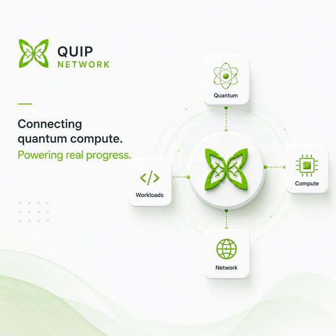 A marketing graphic for QUIP NETWORK with the tagline 'Connecting quantum compute. Powering real progress.' featuring icons for Quantum, Compute, Network, and Workloads.