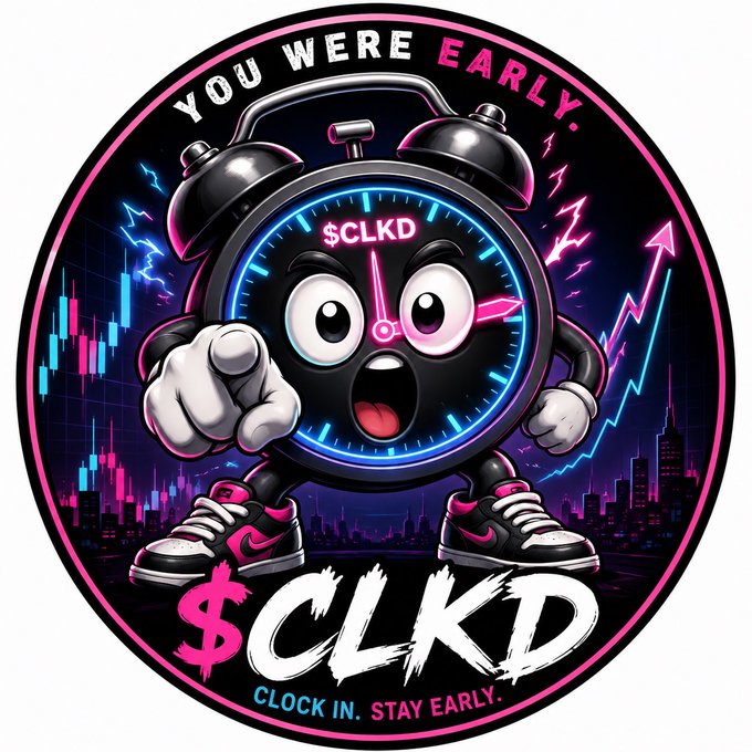 A circular graphic featuring an animated alarm clock character with sneakers, set against a stock market chart background, with the text 'YOU WERE EARLY.', '$CLKD', and 'CLOCK IN. STAY EARLY.'