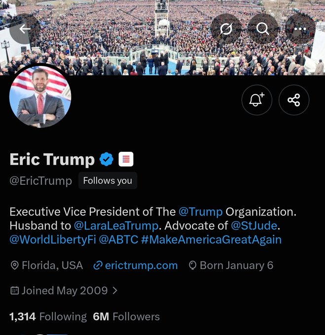 The image shows Eric Trump's verified X (formerly Twitter) profile, displaying his title as "Executive Vice President of The Trump Organization," his Florida location, and bio referencing @WorldLibertyFi @ABTC with the hashtag "#MakeAmericaGreatAgain," alongside his 6M followers. The accompanying post praising him aligns with his visible affiliations, as the message "Thanks @EricTrump Make America Crypto capital of the world" directly echoes his listed crypto-related tags (@WorldLibertyFi @ABTC) and political slogan in his bio.