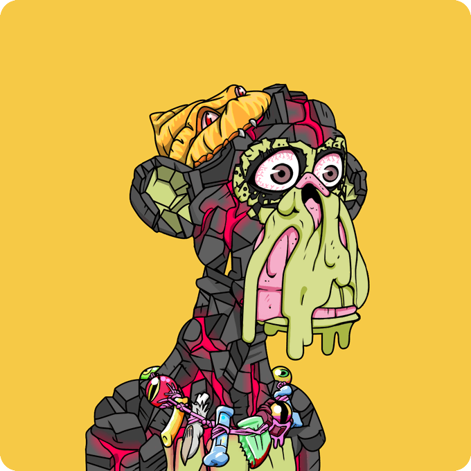 A grotesque cartoon character appearing to melt with green slime dripping from its face, wearing dark rocky armor and holding what appears to be a baguette, against a yellow background.