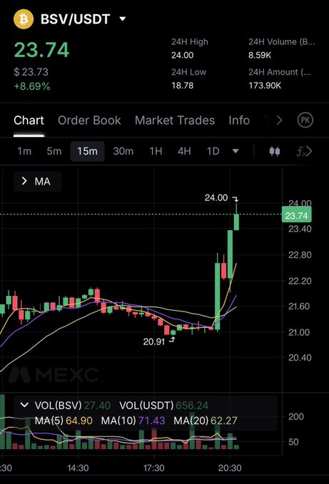 A MEXC candlestick chart for BSV/USDT priced at 23.74 (+8.69%), showing a 24H High of 24.00, 24H Low of 18.78, with a strong recent upward spike.