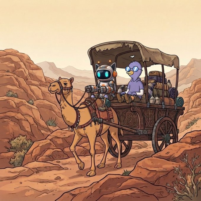 A cartoon robot and a purple penguin wearing sunglasses ride a camel-drawn wooden cart through a rocky desert landscape, fitting the cheerful "GM Web3 - Happy Hump Wednesday!" post by tying in the "hump" pun with the camel.