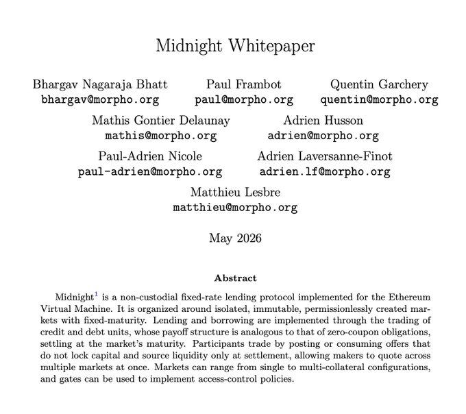 The image shows a white paper with black text that reads "The Morpho Midnight Whitepaper A noncustodial protocol for fixed rate, fixed term credit markets morphoorg/whitepapers/mi". The paper is titled "The Morpho Midnight Whitepaper" and it was written by Paul Prabot. It also mentions a group of people who contributed to the paper.