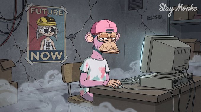 A weary pink monkey wearing a "MONKE" cap sits at a vintage CRT computer in a hazy, dimly lit room, with a "FUTURE NOW" poster and graffiti reading "Stay Monke" on the wall—capturing the nostalgic, meme-driven energy behind the STAY $MONKE token ($3Sp587...pump).