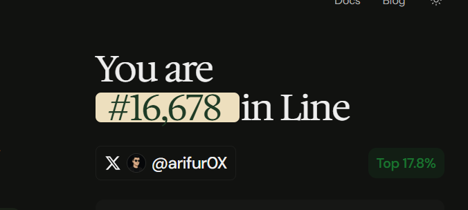 A screenshot showing a waitlist position with text 'You are #16,678 in Line' alongside the Twitter handle @arifurOX and a 'Top 17.8%' indicator.