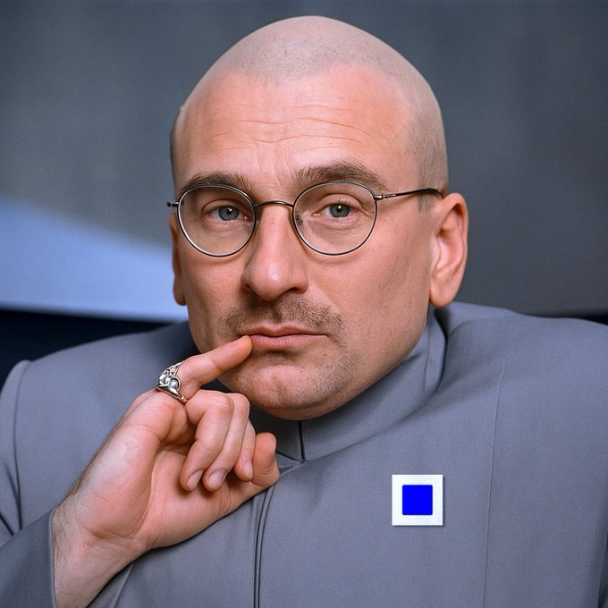 A bald man with round wire-frame glasses, a contemplative expression, and a ring on his finger poses thoughtfully against a dark background, wearing a gray collared shirt with a blue and white square badge. His serious demeanor and the minimalist styling lend a sense of gravity to the post's reference to "trillions," suggesting deep reflection on matters of vast scale or wealth.