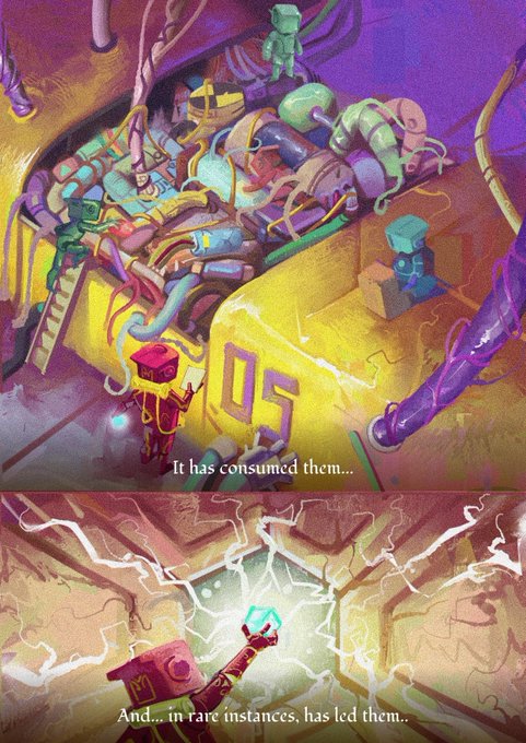 A two-panel comic illustration with the text 'It has consumed them...' showing figures absorbed by machinery, followed by 'And... in rare instances, has led them...' showing a figure emerging with a glowing crystal.