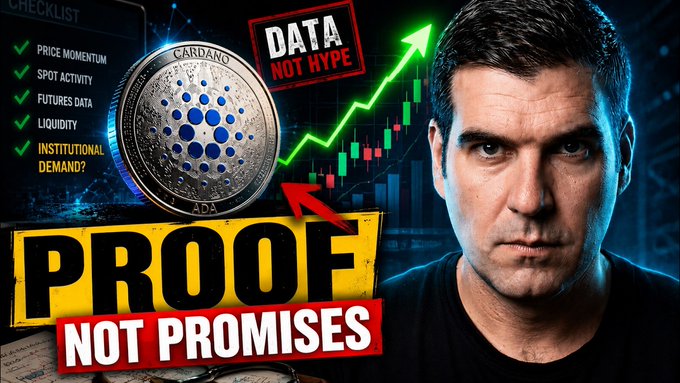 YouTube thumbnail showing a man next to a Cardano (ADA) coin, with text 'PROOF NOT PROMISES', 'DATA NOT HYPE', and a checklist including 'PRICE MOMENTUM', 'SPOT ACTIVITY', 'FUTURES DATA', 'LIQUIDITY', and 'INSTITUTIONAL DEMAND?'.