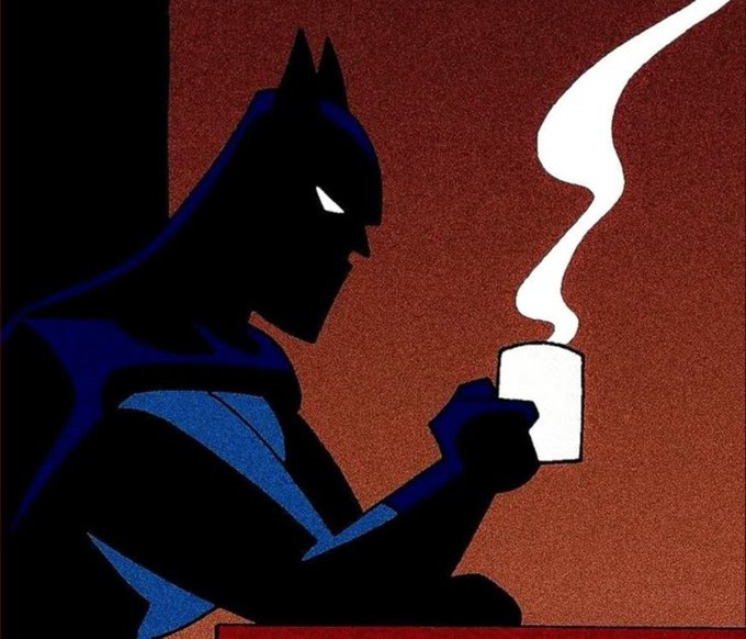The image shows a stylized silhouette of Batman holding a steaming cup of coffee or tea against a dark red background, suggesting a quiet morning moment. It pairs with the "gm" post by portraying a brooding, contemplative "good morning" vibe—perfectly matching the mood of a sleepy hero starting his day.
