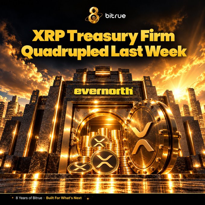 A dramatic promotional graphic from Bitrue featuring the headline "XRP Treasury Firm Quadrupled Last Week" above a golden vault labeled "evernorth," which is open to reveal stacks of XRP coins and a large XRP-branded vault door, visually reinforcing the post's news that Evernorth's SPAC merger (ticker XRPN) will hold 473M XRP valued at $714M ahead of its Nasdaq debut.