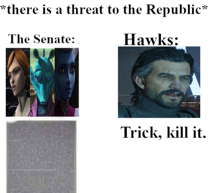 A meme referencing Star Wars characters: 'The Senate' shows Jedi with a long text block, while 'Hawks' shows a scarred character saying 'Trick, kill it.' in response to 'there is a threat to the Republic'.