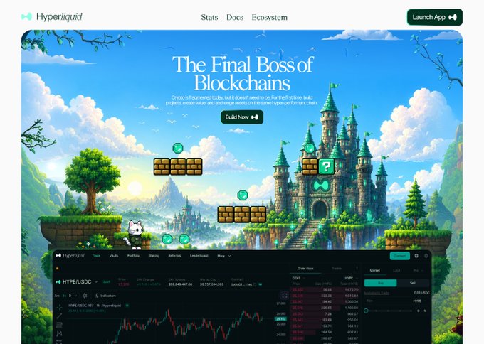 Screenshot of the Hyperliquid website featuring a Super Mario-style header titled 'The Final Boss of Blockchains' with a 'Build Now' button, alongside a trading interface showing the HYPE/USDC pair and order book.