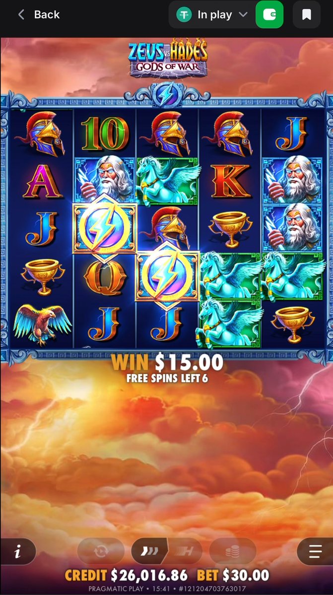 Screenshot of a slot game 'Zeus vs Hades: Gods of War' showing a win of $15.00 with a credit balance of $26,016.86 and a bet of $30.00.