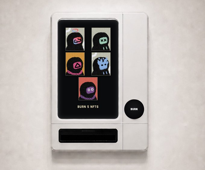 A white, wall-mounted device displays a screen showing five different NFT character illustrations with the text 'BURN 5 NFTS', alongside a physical 'BURN' button.