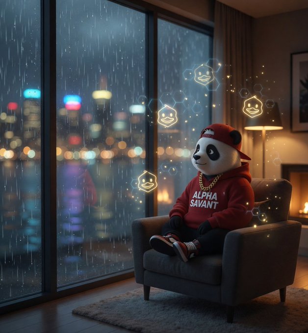The image features a panda bear sitting comfortably in an armchair near a window, looking out at the rain falling outside. The panda bear has a red hoodie on and appears to be wearing sneakers. There are also some neon lights visible in the background, adding a unique touch to the scene. The post about Quacker watching the rain reminds me of how Quacker signals feel sometimes - one moment it's quiet, and the next, @wallchain is everywhere with its messages popping up left and right.