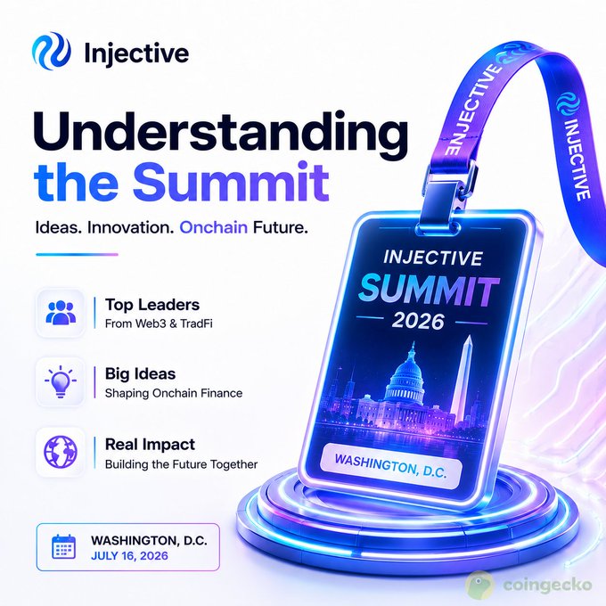 An Injective Summit 2026 promotional graphic featuring a futuristic blue glowing badge/lanyard with "WASHINGTON, D.C." text, listing features like Top Leaders, Big Ideas, and Real Impact, with the event scheduled for July 16, 2026.