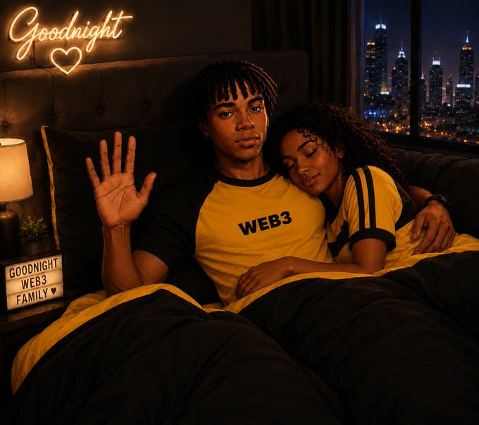 A couple in yellow and black shirts reading 'WEB3' lying in bed at night, with the man waving and the woman resting on his shoulder, a 'GOODNIGHT WEB3 FAMILY' sign nearby, and a city skyline visible through the window.