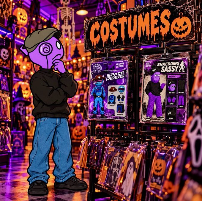 An illustrated figure in a black hoodie and blue jeans stands in a Halloween store in front of a 'COSTUMES' display featuring 'SPACE RIDERS' and 'SHREDDING SASSY' packaged outfits.