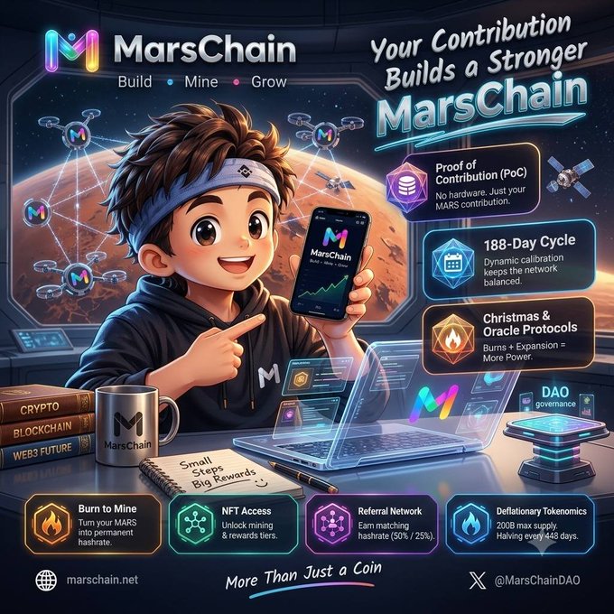 A vibrant promotional graphic for MarsChain ("Build • Mine • Grow") features a smiling young man holding a smartphone displaying the MarsChain app against a Mars backdrop, highlighting key features like Proof of Contribution (PoC), 188-Day Cycle, and Christmas & Oracle Protocols. The image ties to the post's message by visually emphasizing MarsChain's burn-based participation model, with callouts for "Burn to Mine," "Deflationary Tokenomics (200M max supply, halving every 146 days)," and "Small Steps Big Rewards"—reinforcing the idea that contributing (burning MARS) builds network strength without requiring hardware or staking.