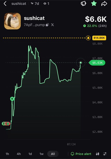 A screenshot of a Dexscreener chart for the meme token $sushicat showing a current market cap of $6.63K with a 22.0% (24h) gain, matching the post's claim of approximately $6K market cap alongside its pump.fun contract address (7ApF...pump).