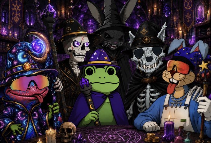 A colorful illustration of cartoon characters including a frog in a wizard hat, a bunny, and skeletons gathered around a table with magical items.