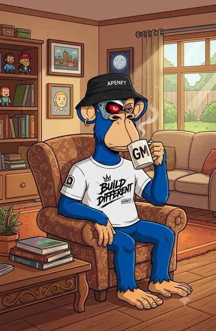 A cartoon illustration of a blue-furred monkey wearing an 'APENFT' bucket hat and a 'BUILD DIFFERENT' t-shirt, sitting in a cozy armchair sipping from a coffee mug labeled 'GM' with a red robotic eye.