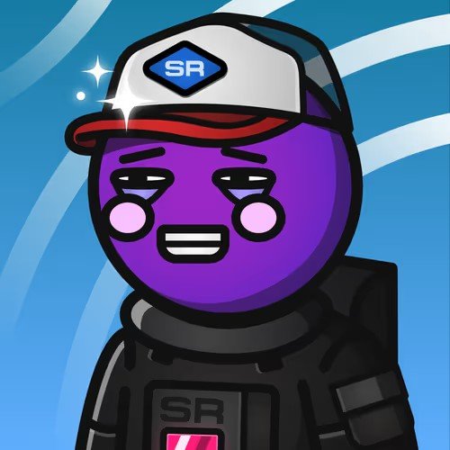 A cartoon-style illustration of a purple character wearing a white and red 'SR' cap, with a mischievous or tired expression against a blue background.