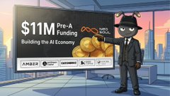 Promotional graphic for the $11M Pre-A Funding round of 'NEO the Nice', described as 'Building the AI Economy', featuring a character in a suit and mask, with Backer logos for Amazon, Google Cloud, and others.