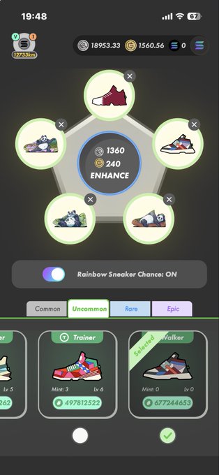 The image shows a phone screen displaying an app with a collection of six different sneakers, each with unique colors and designs. The sneakers are arranged in a circular pattern around the center of the screen, making them easily visible for users. The app appears to be designed for shopping or browsing through various sneaker options, possibly on an e-commerce platform like Amazon.