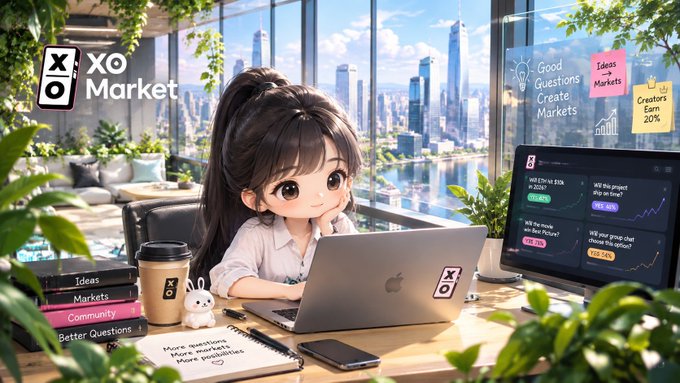 An anime-style illustration depicts a young woman working at a desk with a MacBook, with 'XO Market' branding and the words 'Good Questions Create Markets' visible in the background office setting.