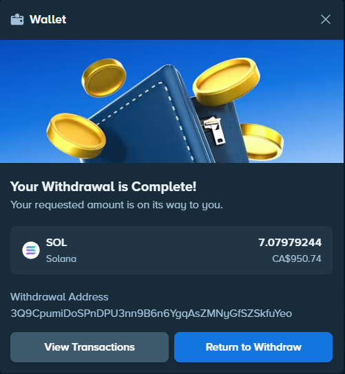 A successful withdrawal confirmation from Stake.com's wallet, showing 7.07979244 SOL (CA$950.74) sent to the address 3Q9CpumiDoSPnDPU3nn9B6n6YgqAsZMNyGfSZSkfuYeo, which aligns with the user's post celebrating being "bailed out" on Stake's Limbo game before heading to bed.