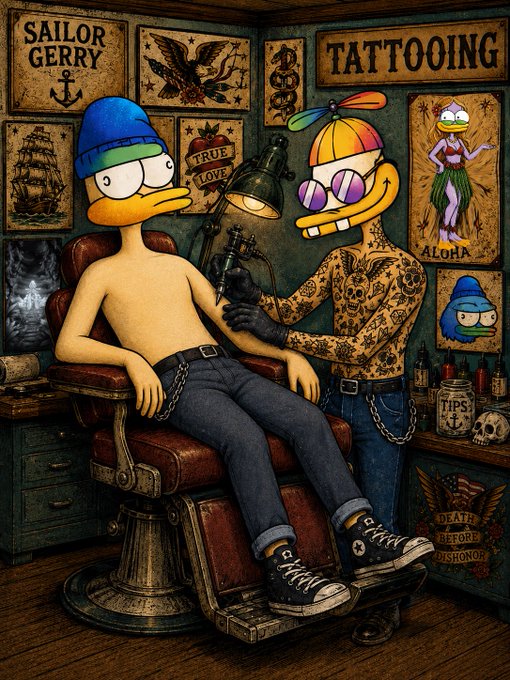 An illustrated scene of a tattoo parlor shows a shirtless cartoon duck character wearing a blue beanie sitting in a chair, while another heavily tattooed duck character wearing a propeller beanie and sunglasses tattoos his arm, surrounded by signs reading "SAILOR GERRY," "TATTOOING," "TRUE LOVE," and "ALOHA."