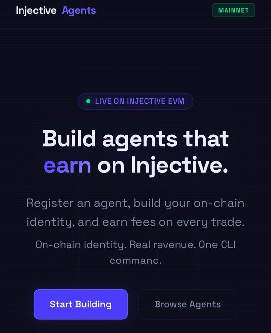 A dark-themed Injective Agents landing page announcing 'LIVE ON INJECTIVE EVM' with the headline 'Build agents that earn on Injective' and buttons to 'Start Building' or 'Browse Agents', with a 'MAINNET' badge in the top-right.