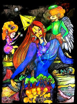 A colorful, stylized illustration of a woman with long red hair in a blue dress, flanked by a small fairy on the left and a winged figure with a green hat on the right.