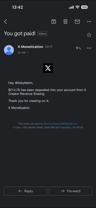 A screenshot of an email from "X Monetization" notifying @0xkylliekim that $214.76 has been deposited into their account from X Creator Revenue Sharing. This matches the post, as the user excitedly shares their surprise at waking up to find this unexpected payout notification.