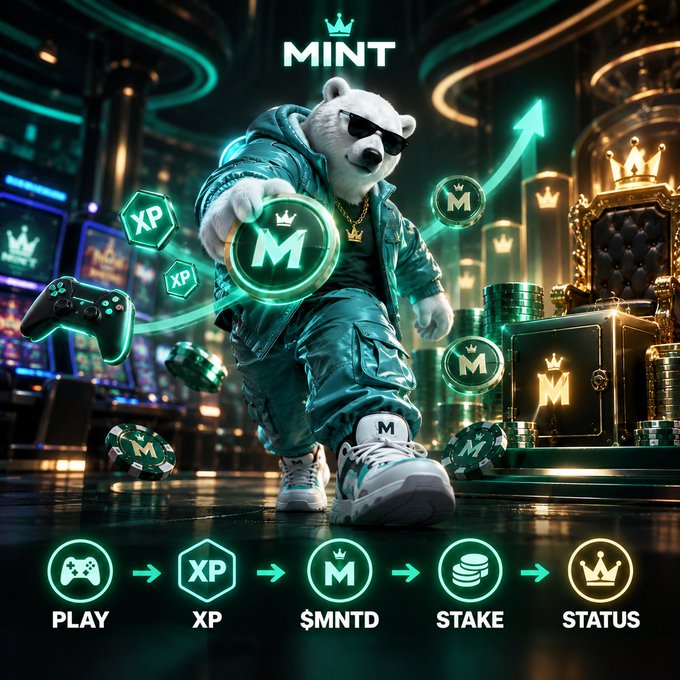 A promotional image for 'MINT' cryptocurrency featuring a polar bear in sunglasses and a teal tracksuit holding an 'M' coin, with a flowchart showing PLAY → XP → $MNTD → STAKE → STATUS.