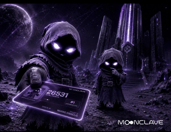 A purple-themed promotional graphic for 'MOONCLAVE' featuring two hooded figures with glowing eyes in a sci-fi setting, with one holding a card showing '26531 TOTAL POINTS' and '#1' leadership rank.