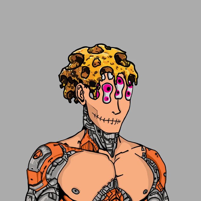 A cybernetic humanoid figure with a melting honeycomb-patterned skull, pink multi-eyed face, stitched mouth, and exposed robotic torso is shown to promote the "Weirdos" NFT mint countdown, 24 hours before launch.