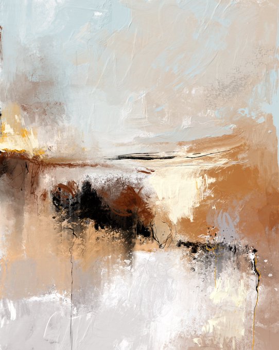 An abstract painting utilizing a muted palette of browns, creams, whites, and light blues with visible brushstrokes and textured layers.