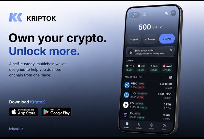 The image is a promotional banner for KriptoK, a self-custody, multichain crypto wallet, showcasing its mobile app interface with a $500 USD balance and support for various cryptocurrencies including HYP, ETH, SOL, AVAX, USDC, and ETC, accompanied by the tagline "Own your crypto. Unlock more." The visual reinforces the post's message by highlighting how KriptoK consolidates multiple blockchain assets into a single platform, aligning with the recommendation to avoid downloading multiple separate crypto apps.