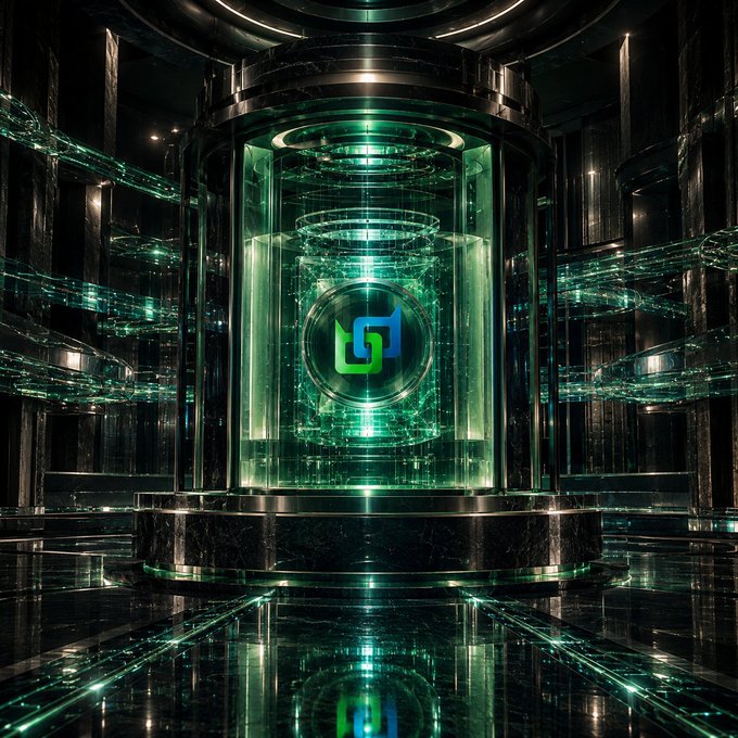 A futuristic dark chamber features a glowing green and blue cube structure at its center displaying the Beldex logo, surrounded by reflective glass panels and metallic pillars.