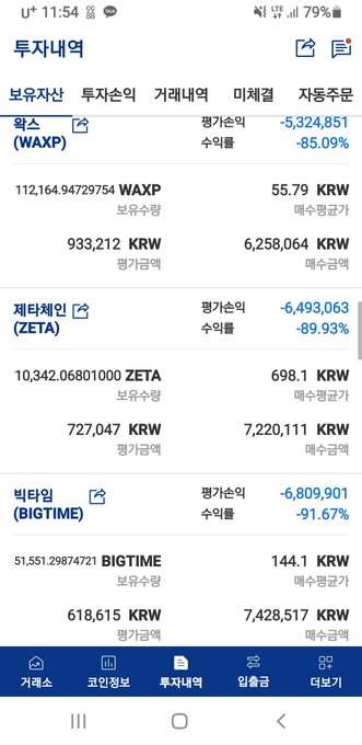 A screenshot of an Upbit portfolio page showing significant losses on altcoins including WAXP (-85.09%), ZETA (-89.93%), and BIGTIME (-91.67%), illustrating the post's frustration about returning to the exchange during a "bull market" only to discover major holdings have lost nearly all their value.