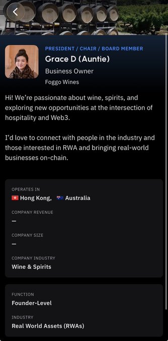 A professional profile card for Grace D (Auntie), a Business Owner at Foggo Wines, detailing her role as President/Chair/Board Member and her interest in Real World Assets (RWAs) in Hong Kong and Australia.