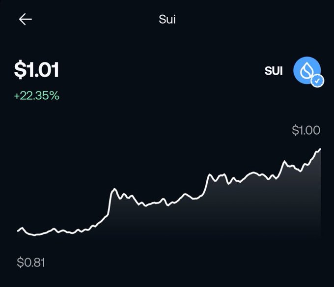 A cryptocurrency price chart for Sui (SUI) showing a current price of $1.01 with a +22.35% gain, ranging from $0.81 to $1.00.